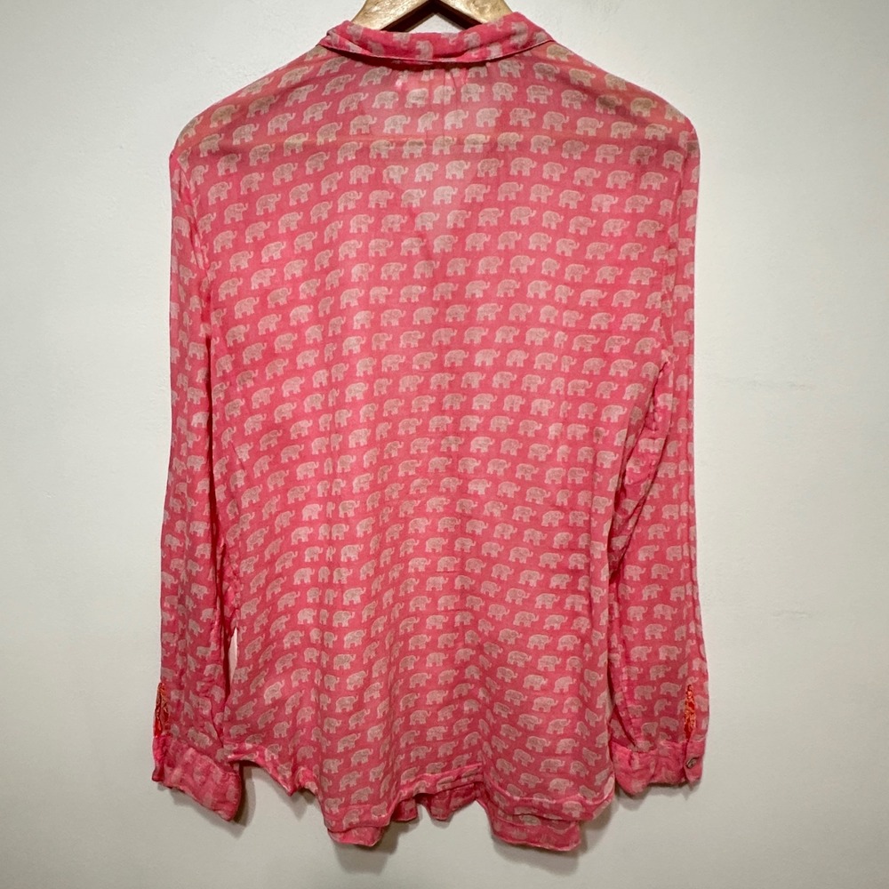 Hei Hei Anthropologie Elephant Button Down Shirt Tunic Pink Cotton Womens Large - Picture 8 of 8